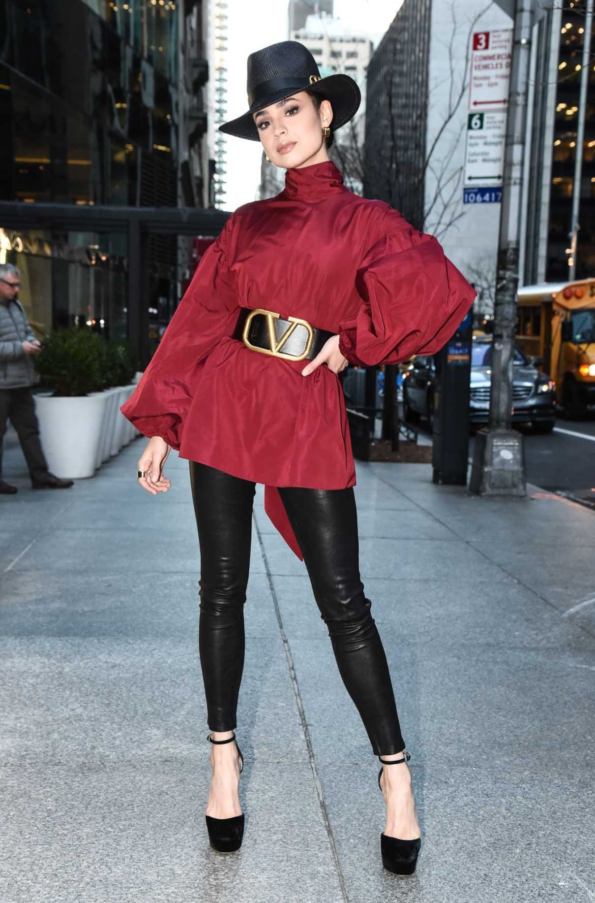 Sofia Carson in a Black Hat Arrives at the SiriusXM Studios in New York