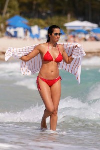 Padma Lakshmi in a Red Bikini at the Beach in Miami -2