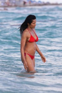Padma Lakshmi in a Red Bikini at the Beach in Miami -3