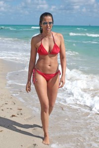 Padma Lakshmi in a Red Bikini at the Beach in Miami -6