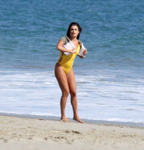 Lea Michele Wearing a Yellow Swimsuit at the Beach in Malibu 09/01/2016-2