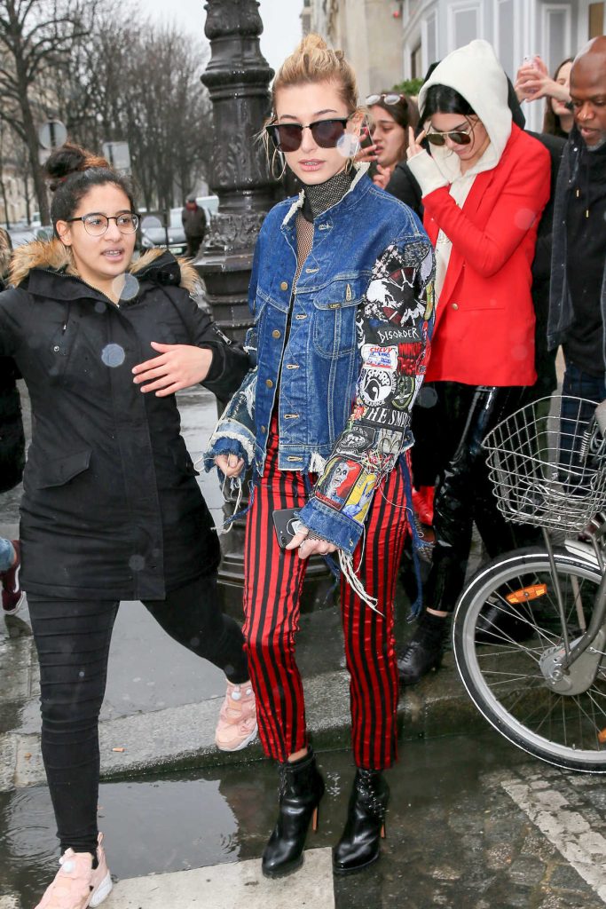 Hailey Baldwin Wears a Red-and-Black Striped Trousers Out in Paris 03/01/2017-1