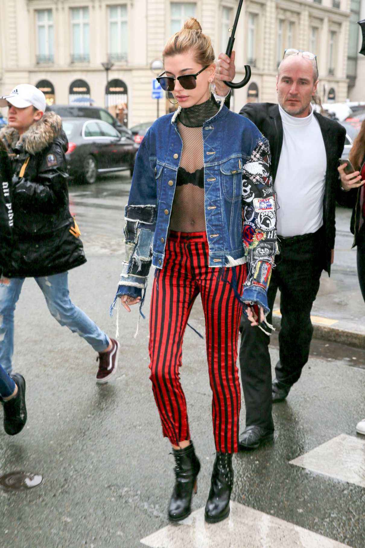 Hailey Baldwin Wears a Red-and-Black Striped Trousers Out in Paris 03/01/2017-2