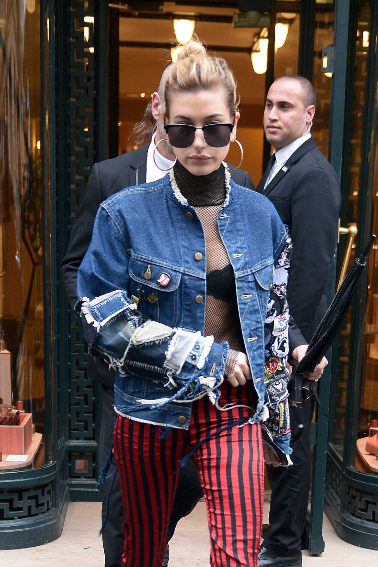 Hailey Baldwin Wears a Red-and-Black Striped Trousers Out in Paris 03/01/2017-5