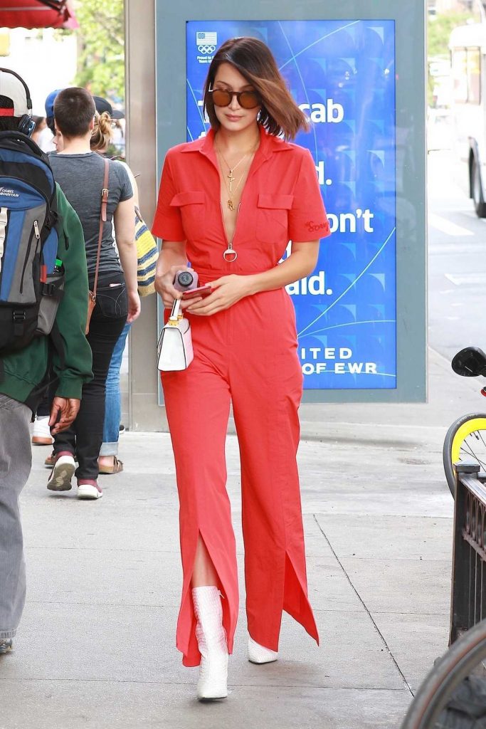 Bella Hadid Wears a Red Jumpsuit Out in NYC 08/25/2017-1