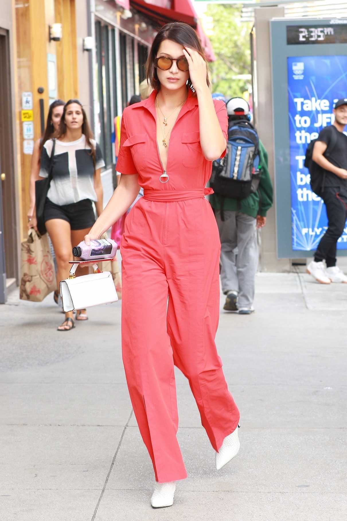 Bella Hadid Wears a Red Jumpsuit Out in NYC 08/25/2017-3