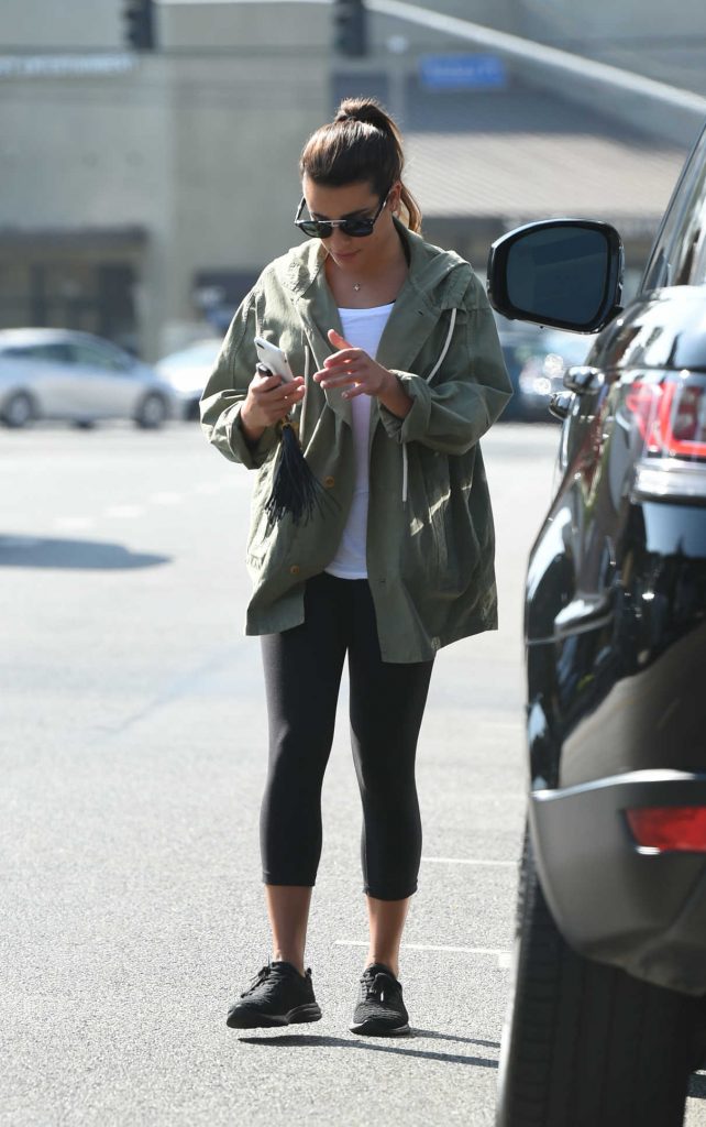 Lea Michele Wears a Green Hooded Coat Out in LA 08/24/2017-1