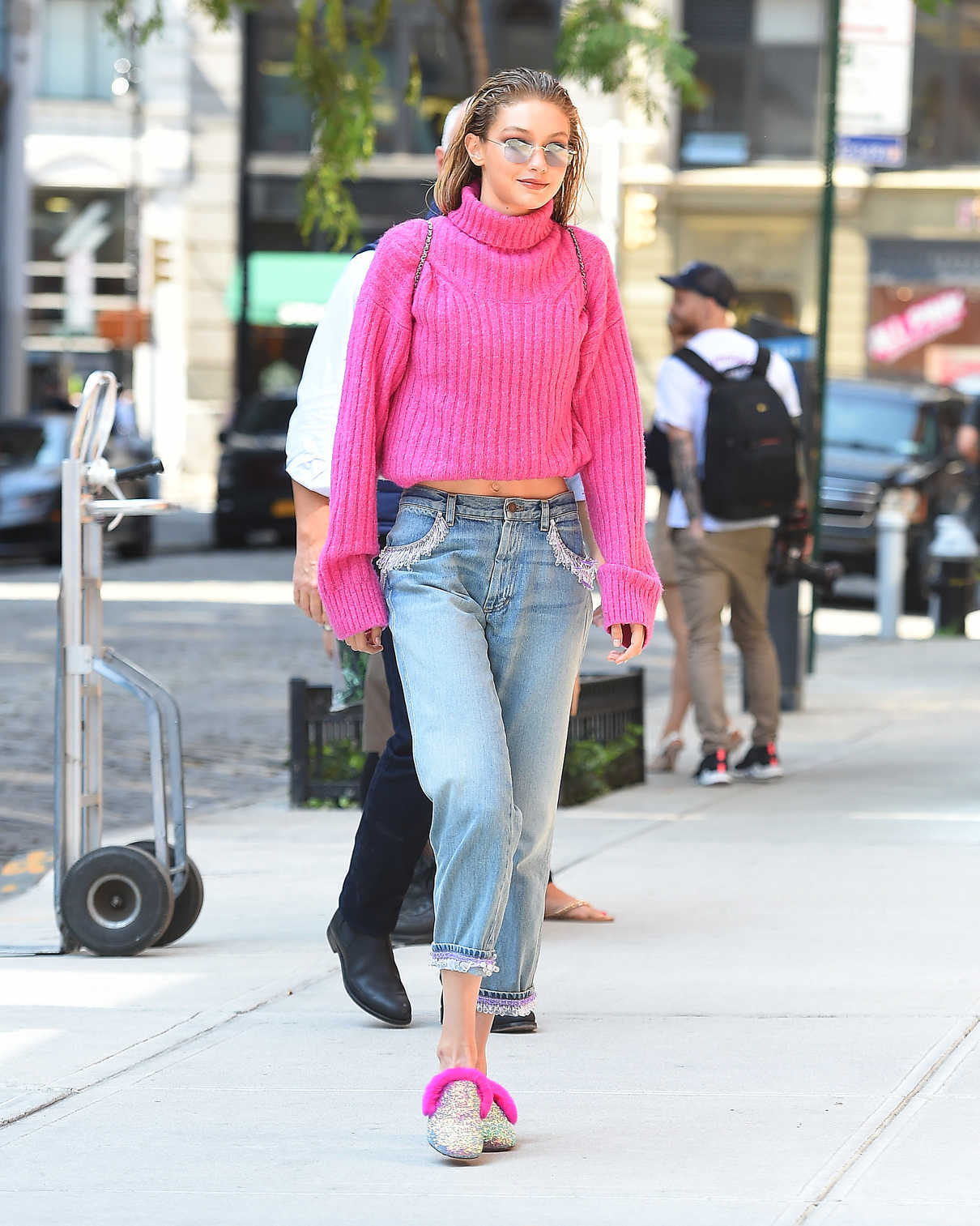 Gigi Hadid Wears a Pink Sweater Out in NYC 09/11/2017-3