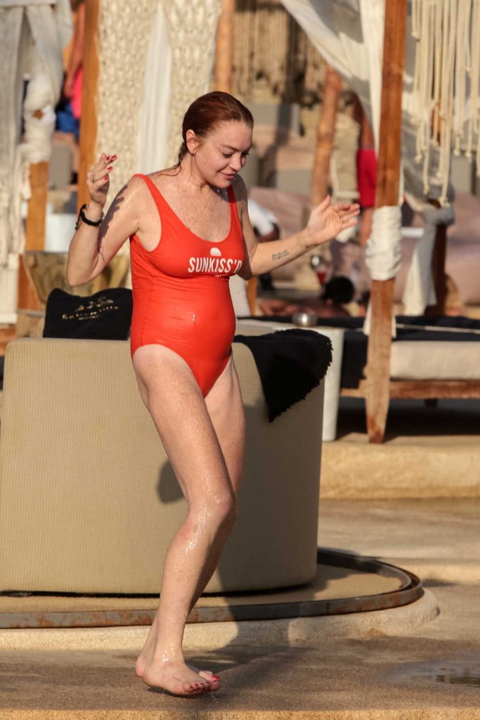 Lindsay Lohan Wears a Red Swimsuit at the Beach in Mykonos Island 09/03/2017-1