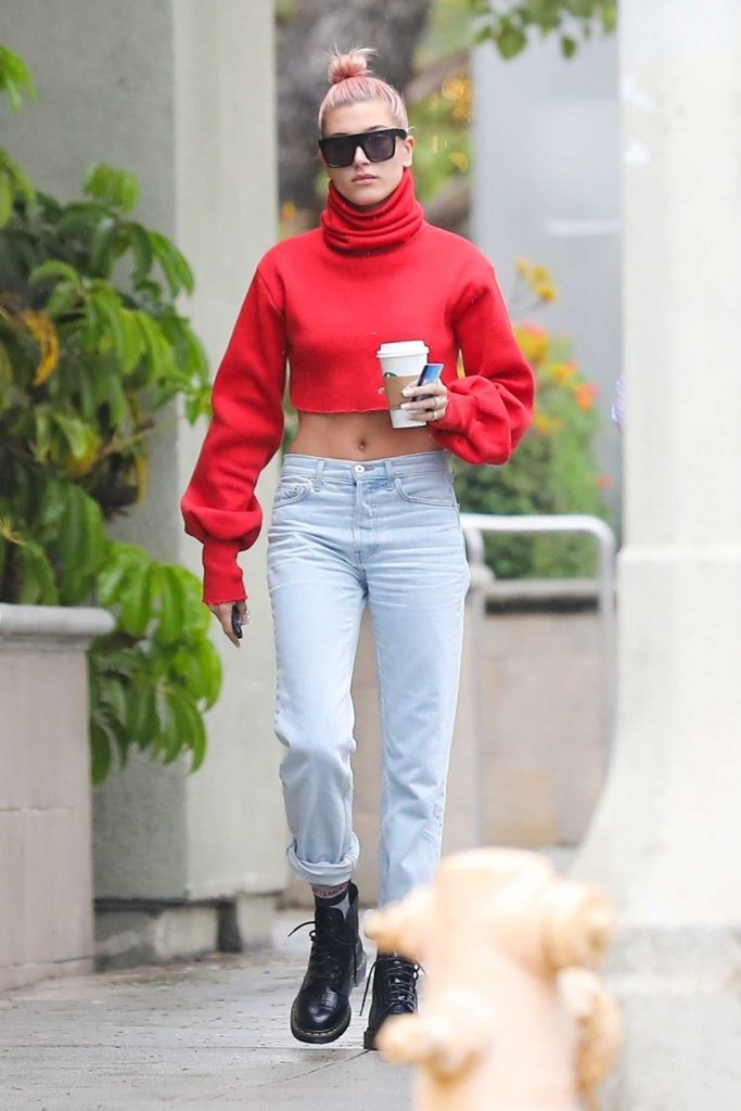 Hailey Baldwin Wears a Red Sweater Out in Los Angeles 01/08/2018-1