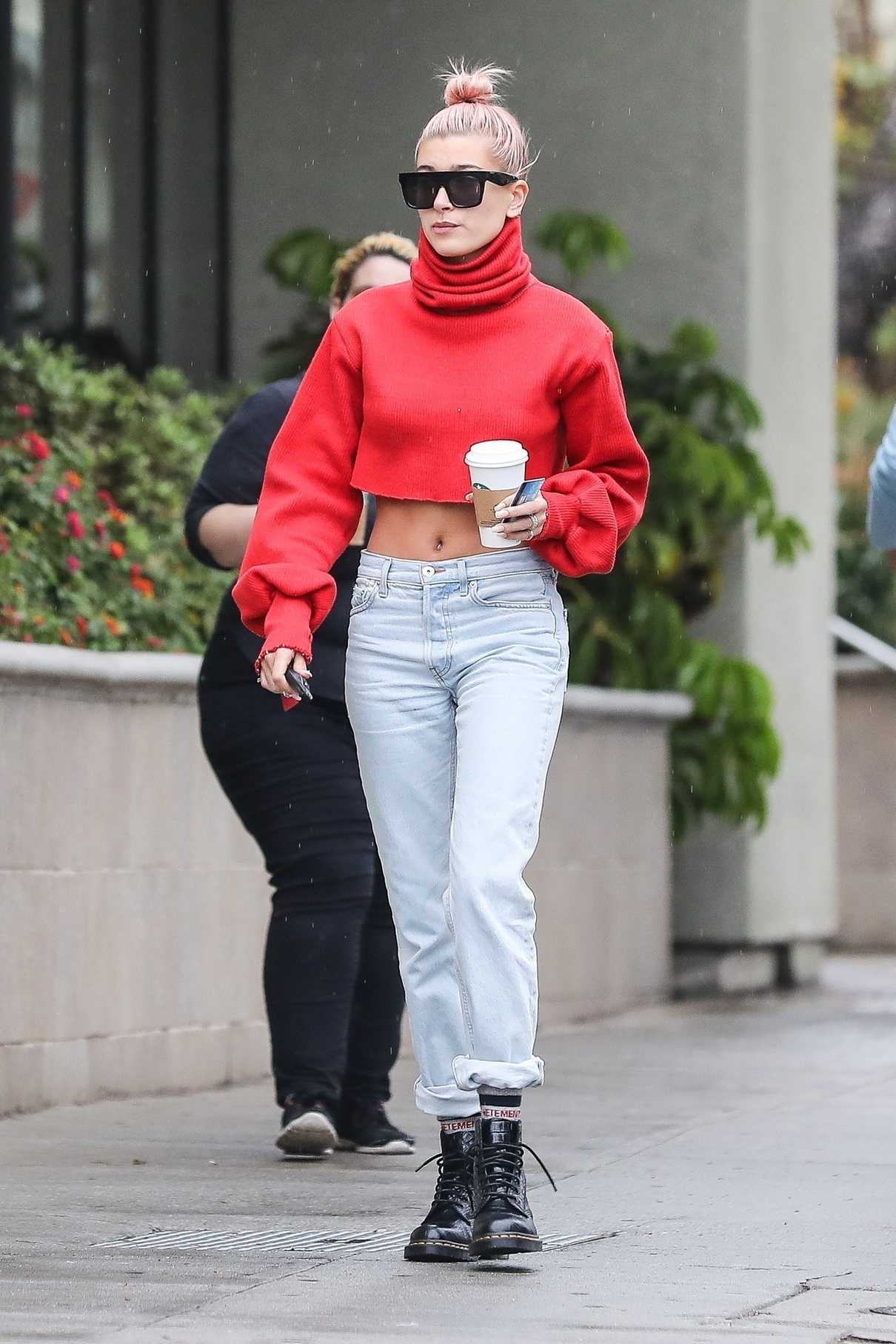Hailey Baldwin Wears a Red Sweater Out in Los Angeles 01/08/2018-2