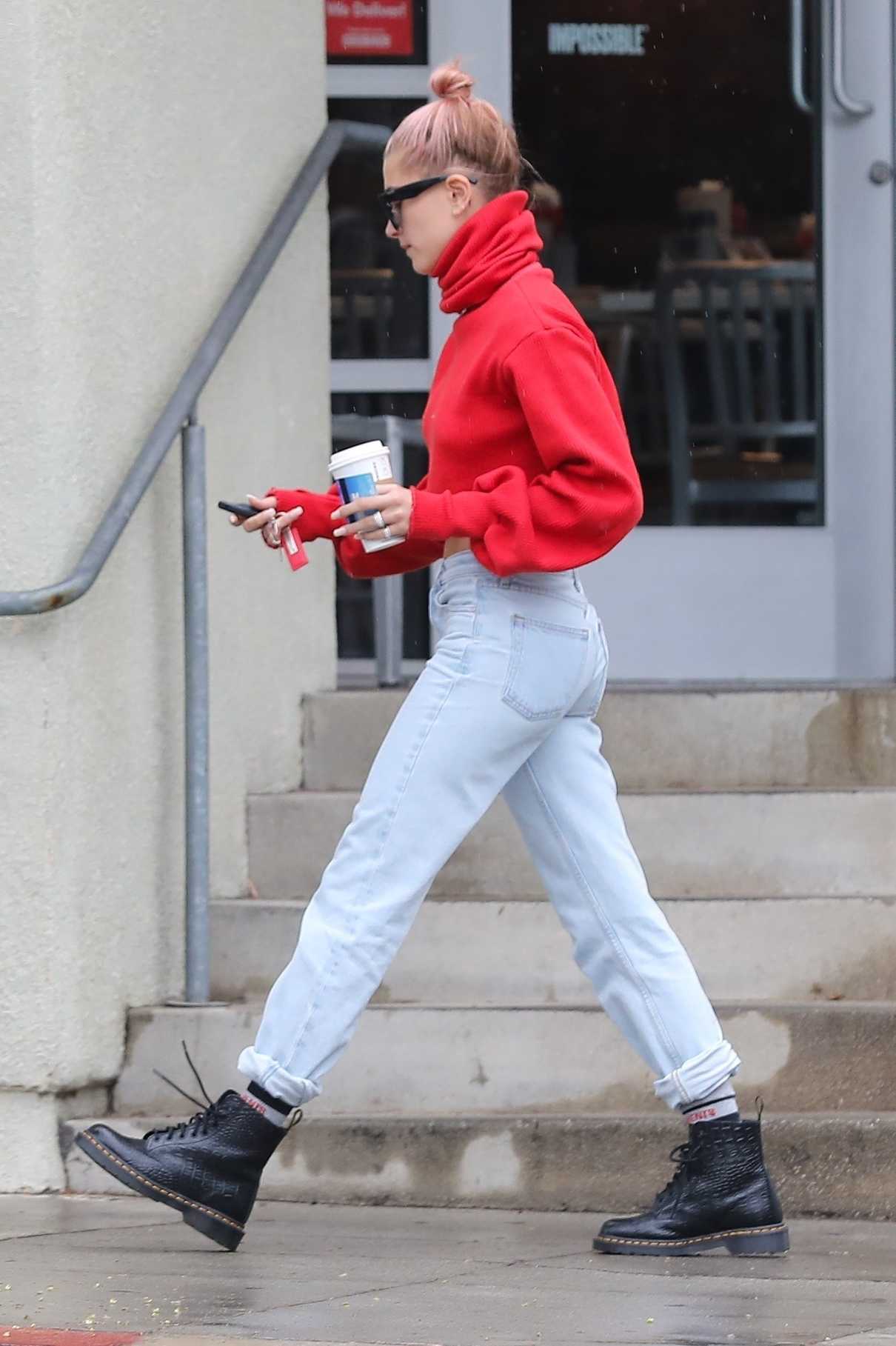 Hailey Baldwin Wears a Red Sweater Out in Los Angeles 01/08/2018-3
