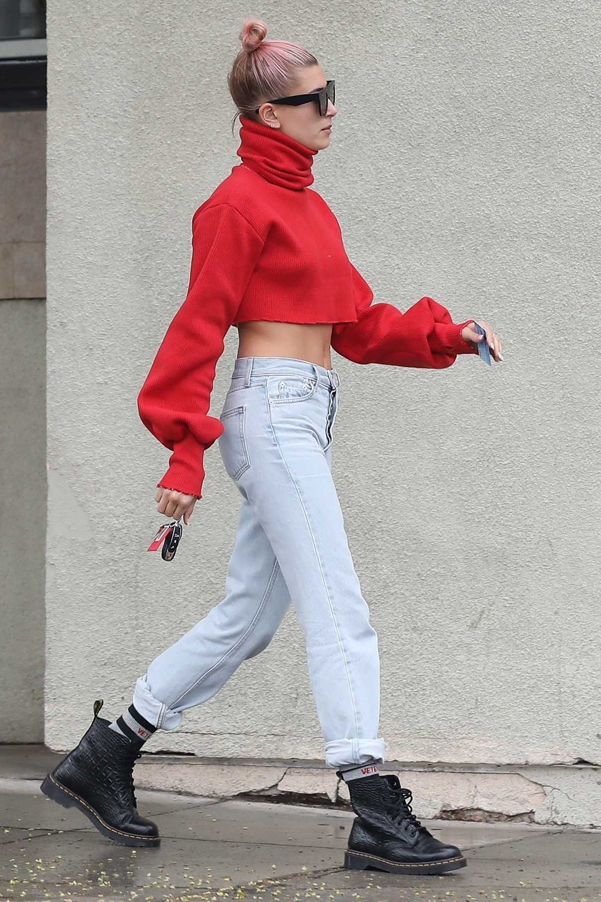 Hailey Baldwin Wears a Red Sweater Out in Los Angeles 01/08/2018-4