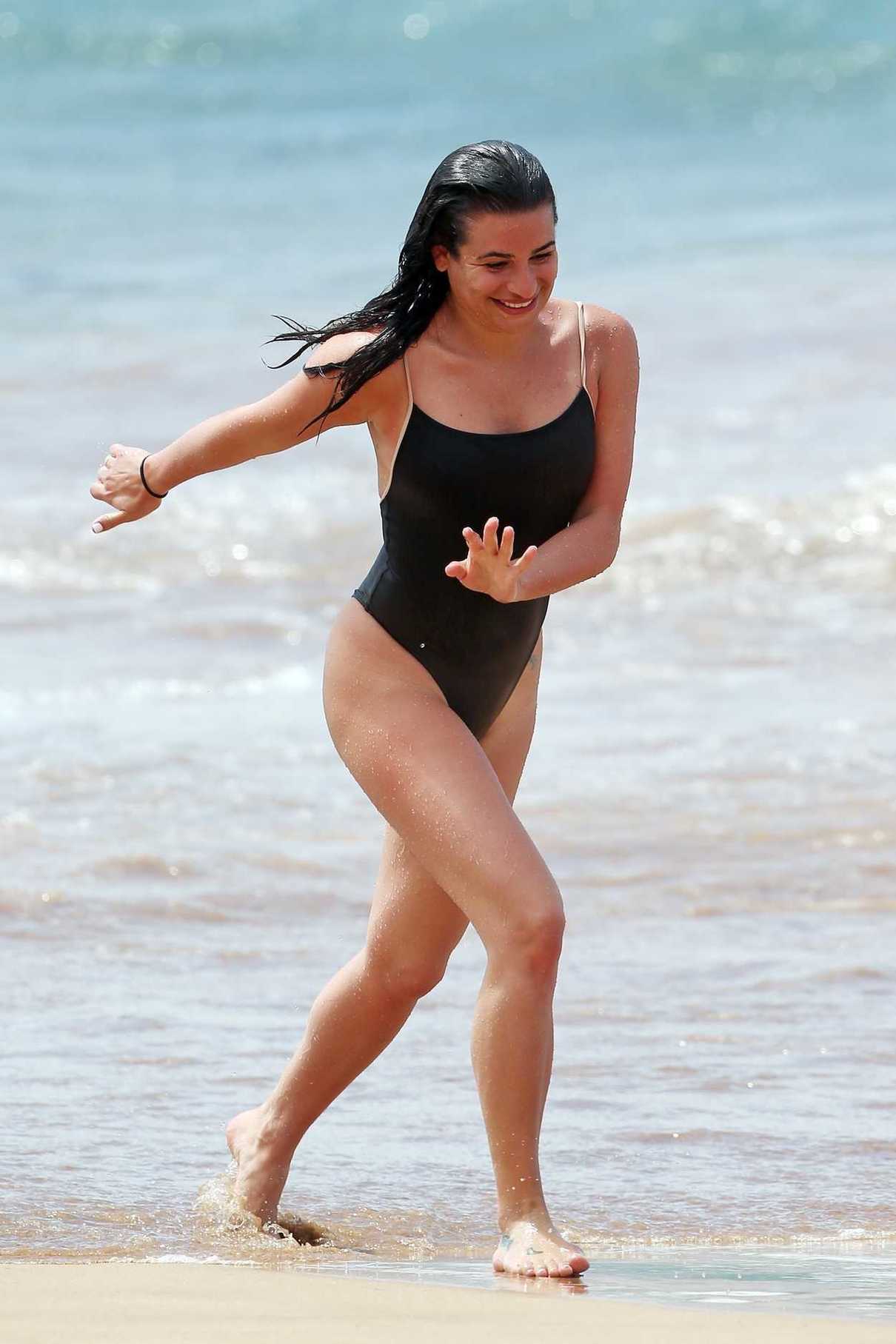 Lea Michele Wears a Black Swimsuit on the Beach in Maui 03/19/2018-3