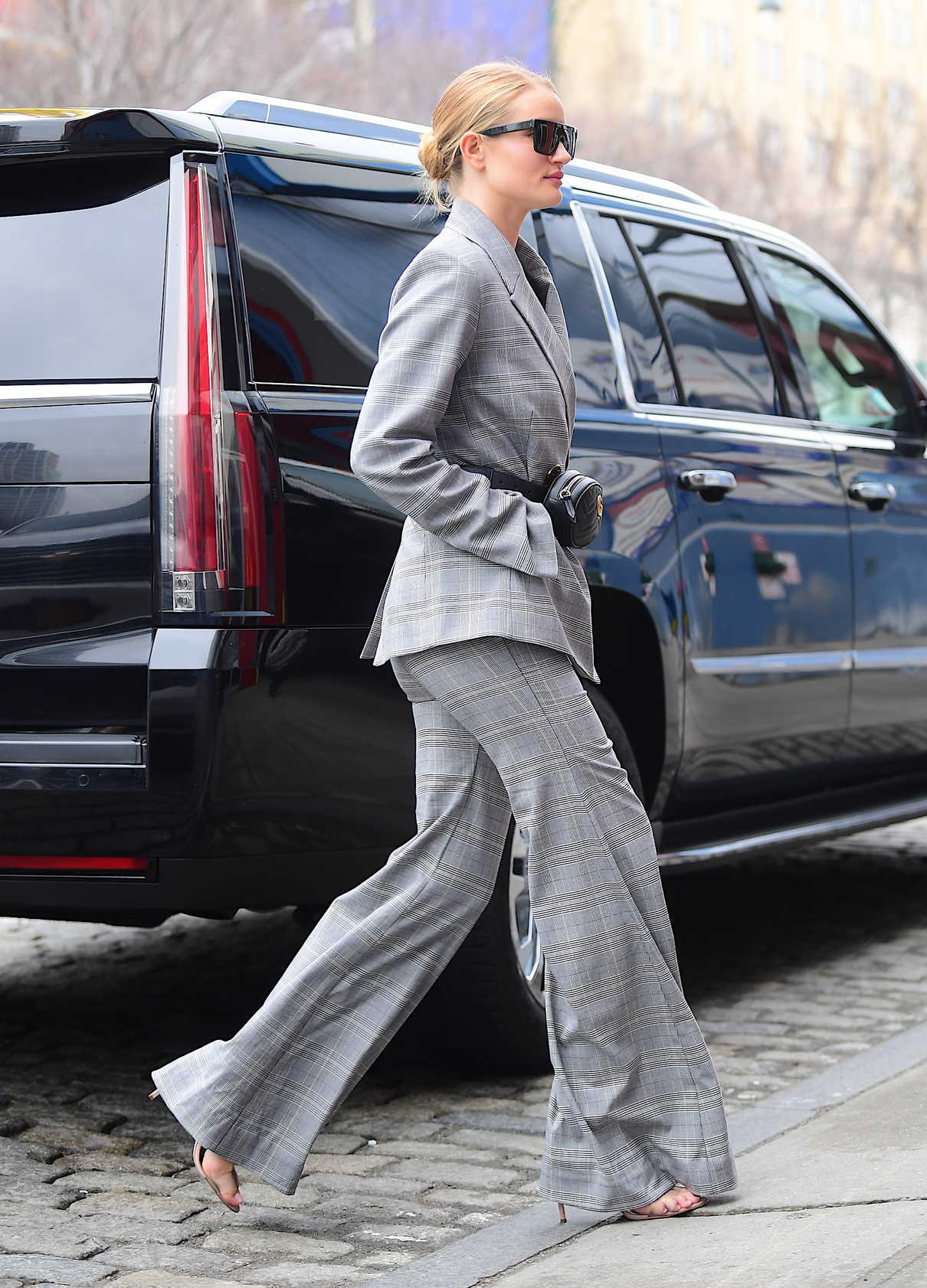 Rosie Huntington-Whiteley wears a Gray Checkered Suit Out in New York City 03/28/2018-5