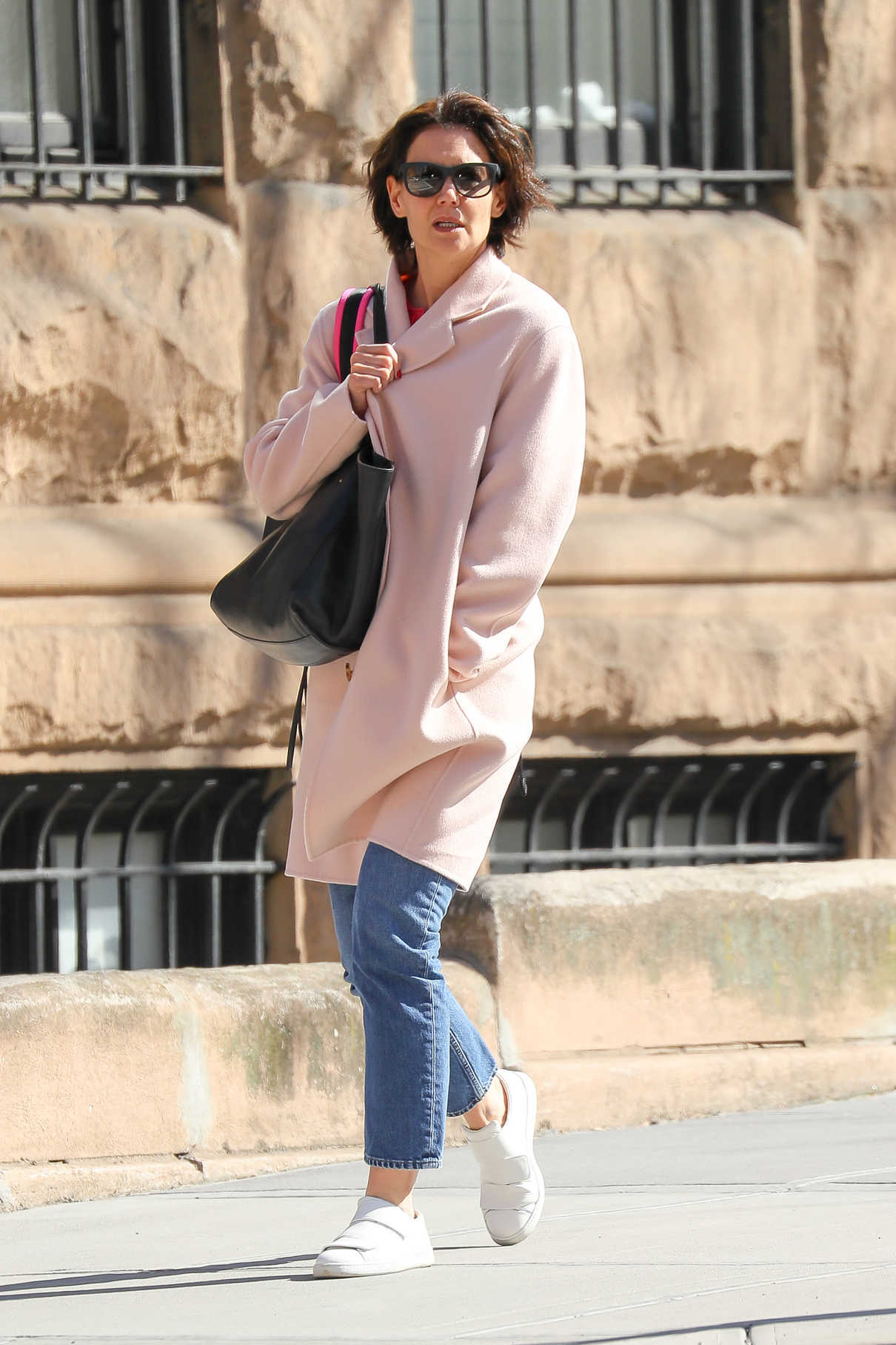 Katie Holmes Wears a Pink Pastel Coat Out in New York City 04/21/2018-2