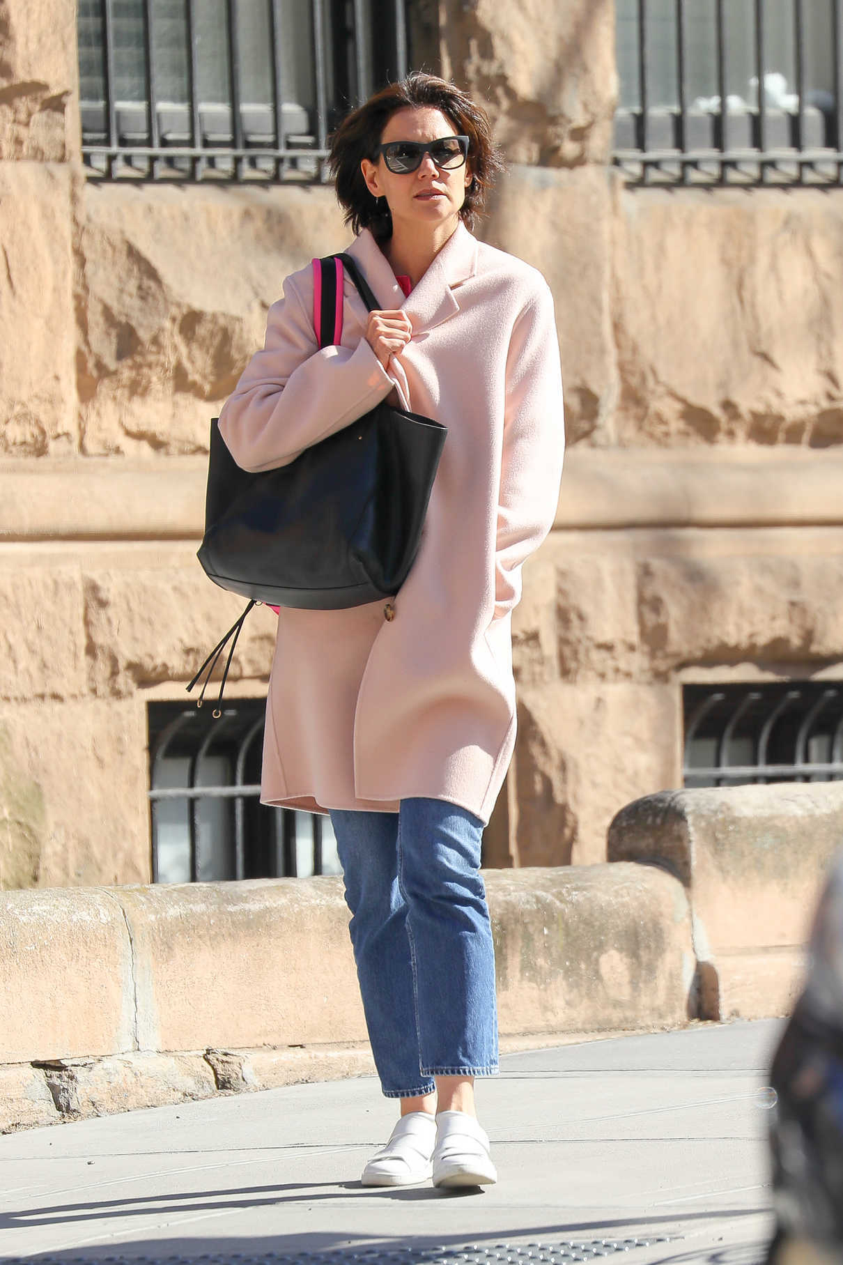 Katie Holmes Wears a Pink Pastel Coat Out in New York City 04/21/2018-4