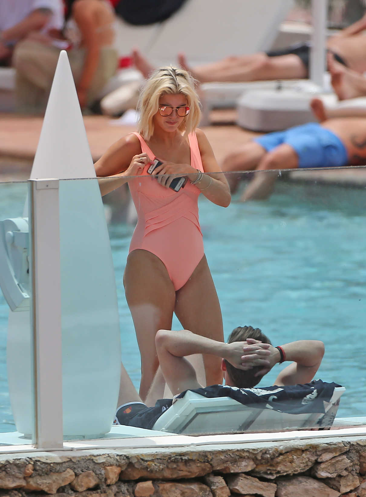 Ashley James Wears a Peach Coloured Swimsuit by the Pool in Ibiza 06/06/2018-1