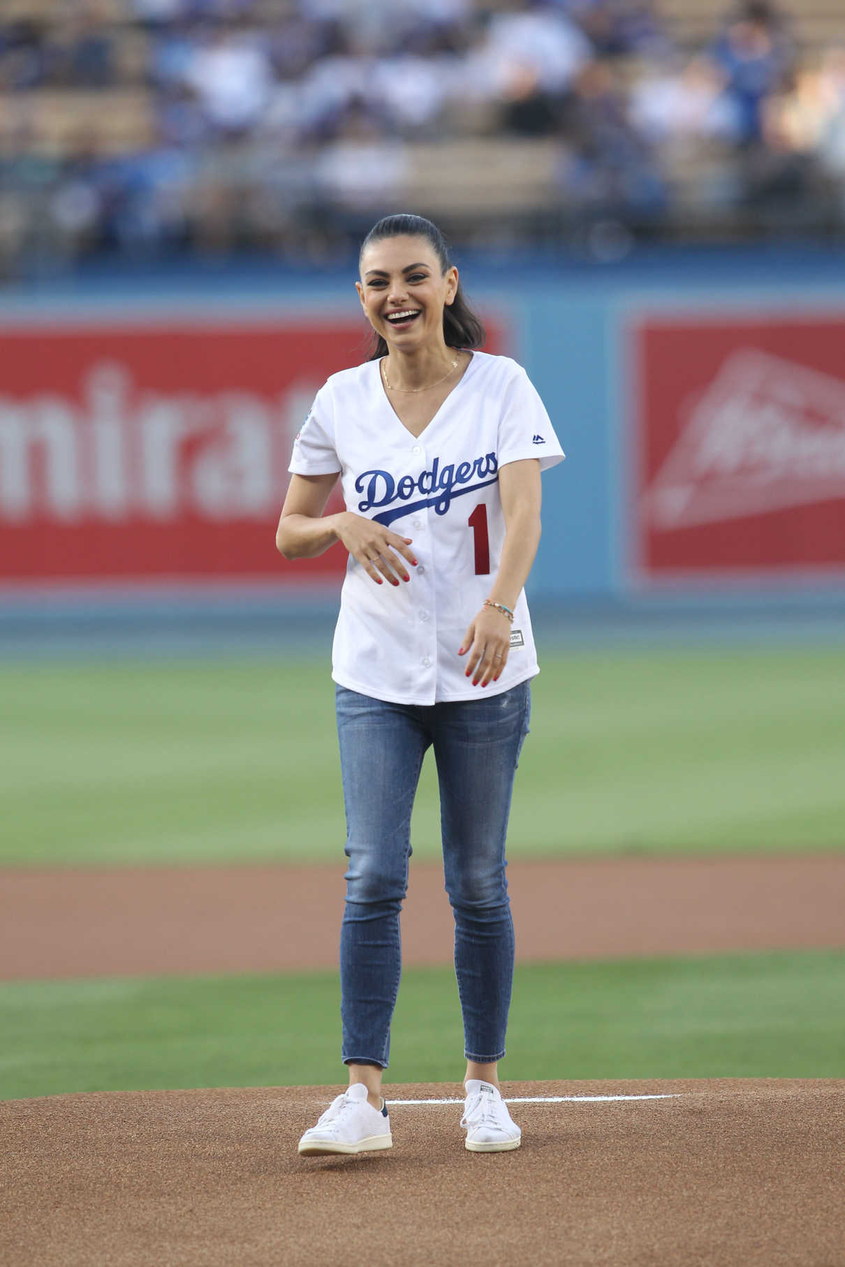 Mila Kunis Throws Out the 1st Pitch Before the Game at Dodger Stadium in Los Angeles 06/29/2018-3
