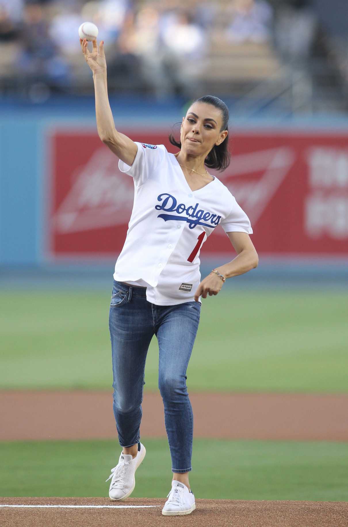 Mila Kunis Throws Out the 1st Pitch Before the Game at Dodger Stadium in Los Angeles 06/29/2018-4