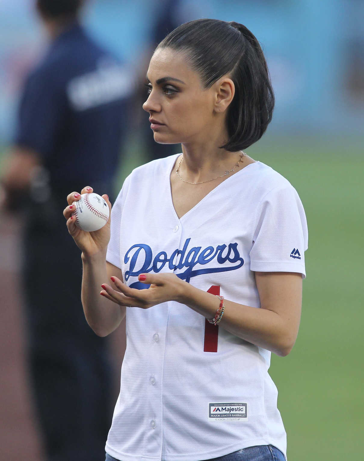 Mila Kunis Throws Out the 1st Pitch Before the Game at Dodger Stadium in Los Angeles 06/29/2018-5