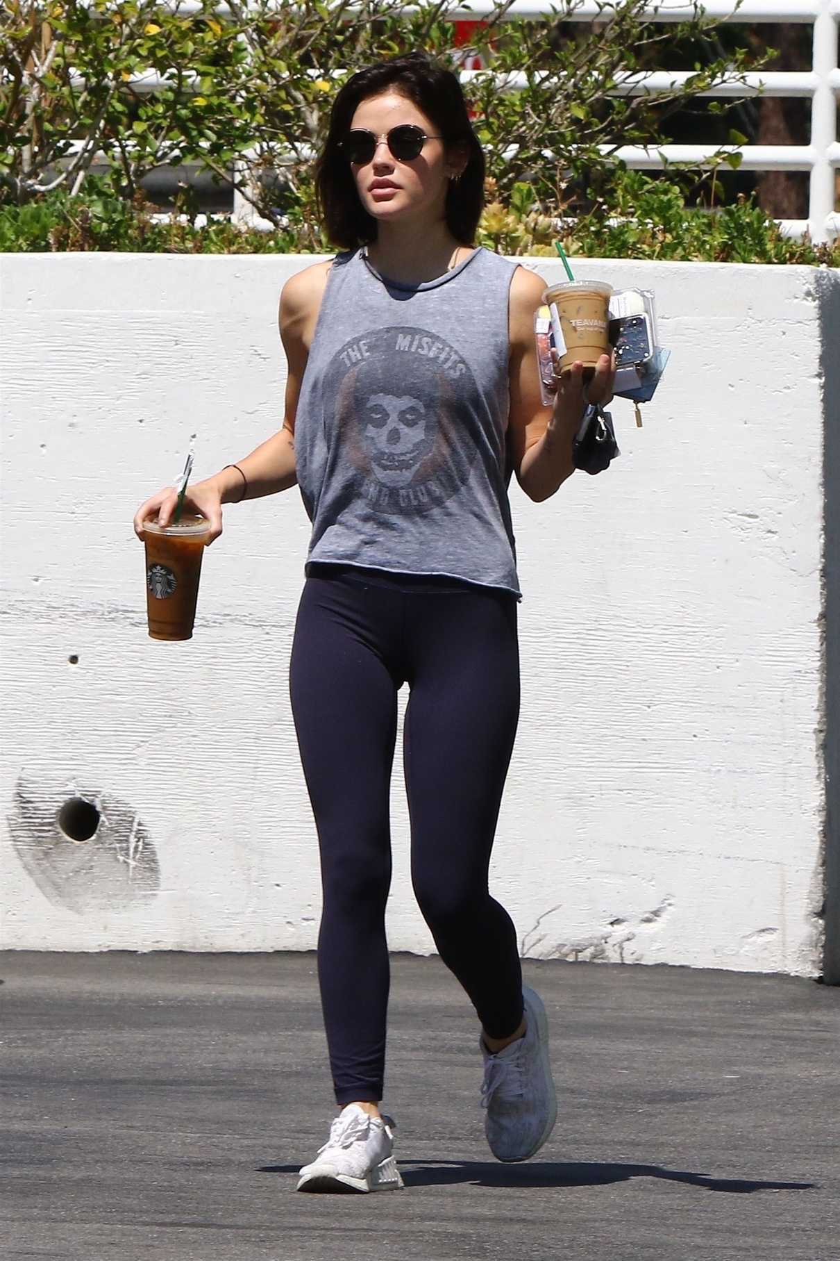 Lucy Hale in a Gray Tank Top Makes Her Daily Trip to Starbucks in ...