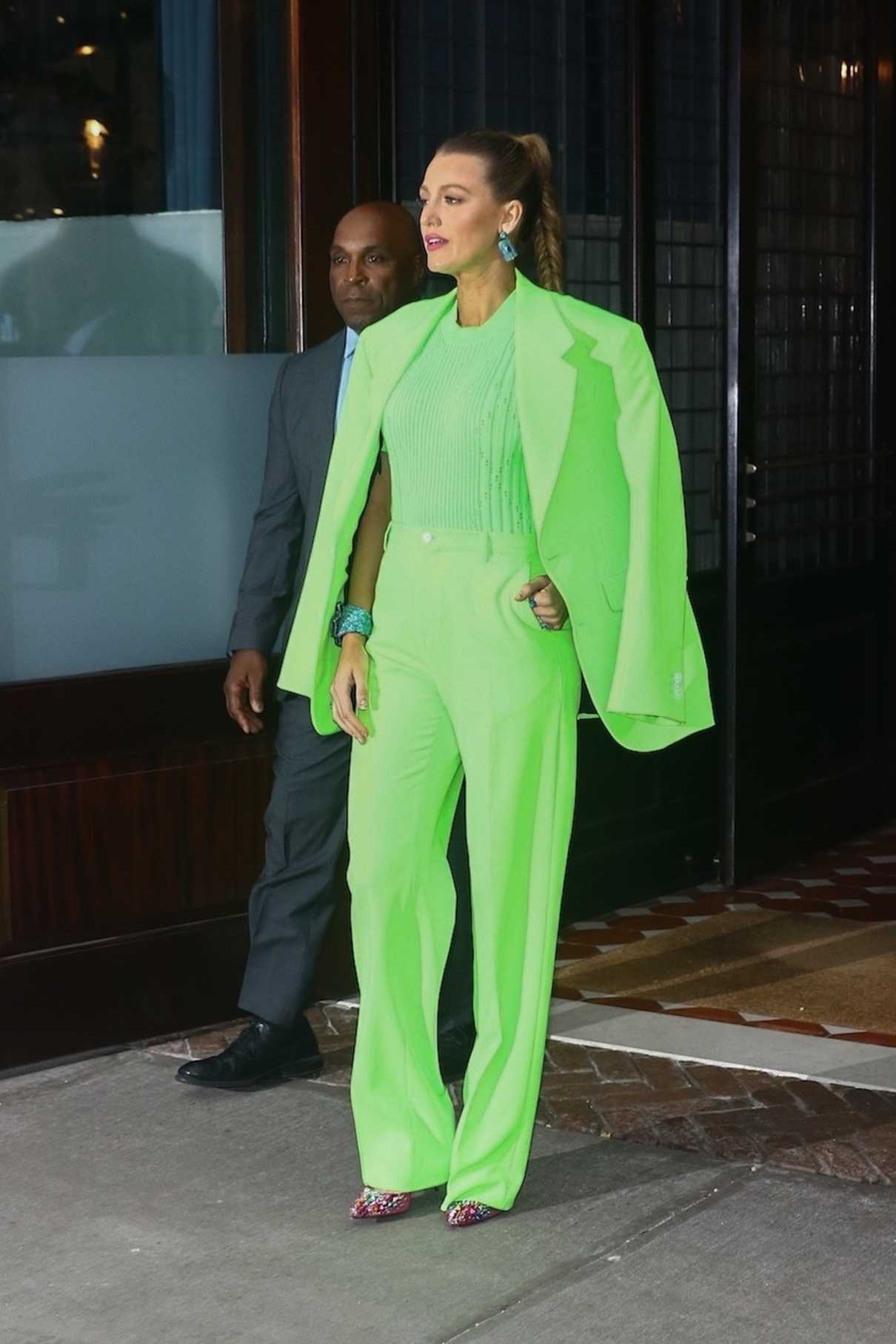 Blake Lively in a Chartreuse Suit Arrives at Spring Studios in New York ...