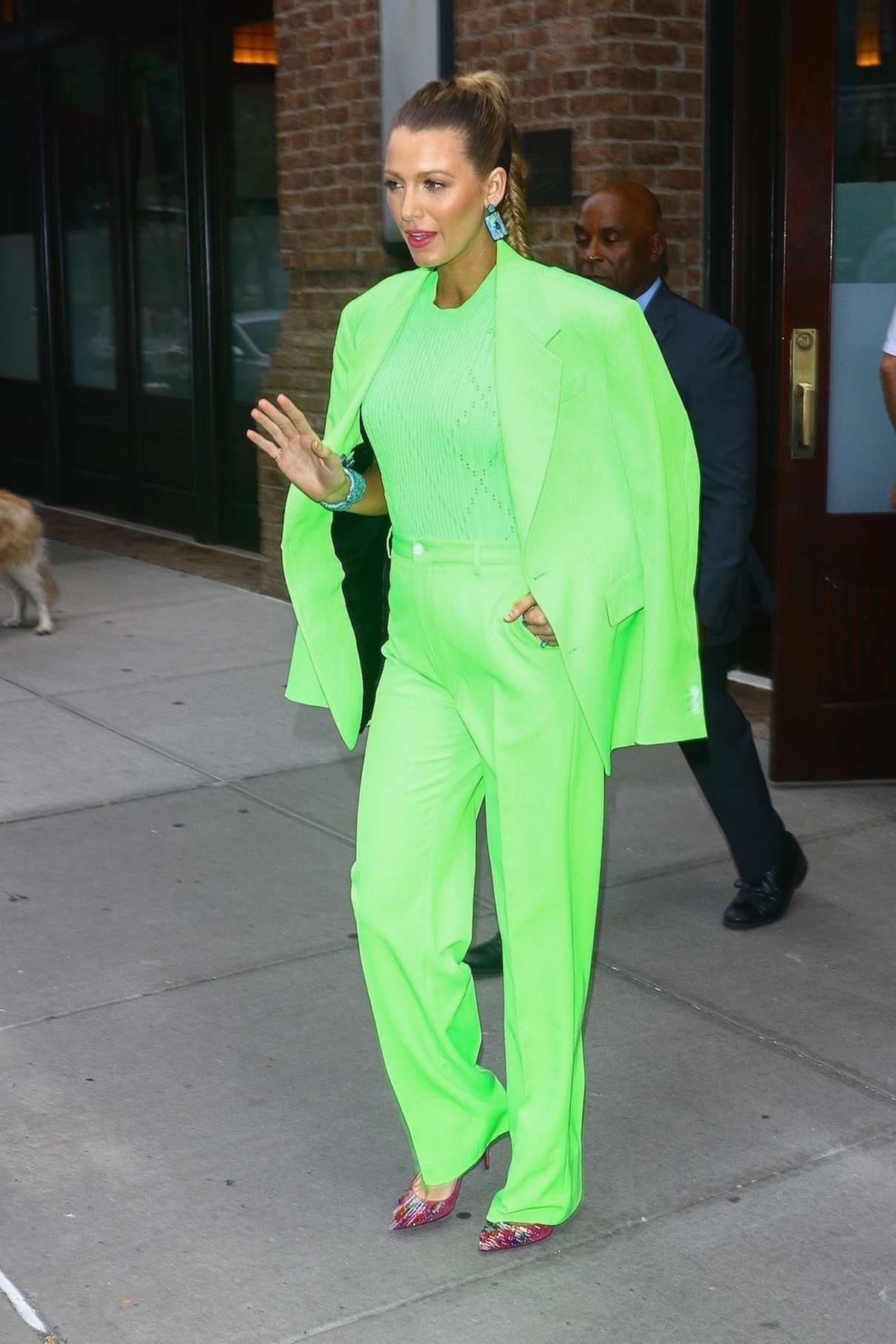 Blake Lively in a Chartreuse Suit Arrives at Spring Studios in New York ...