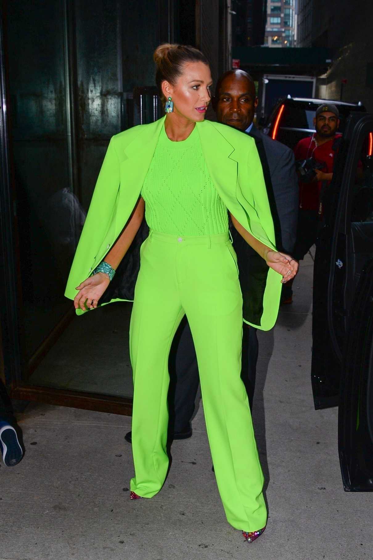 Blake Lively in a Chartreuse Suit Arrives at Spring Studios in New York ...