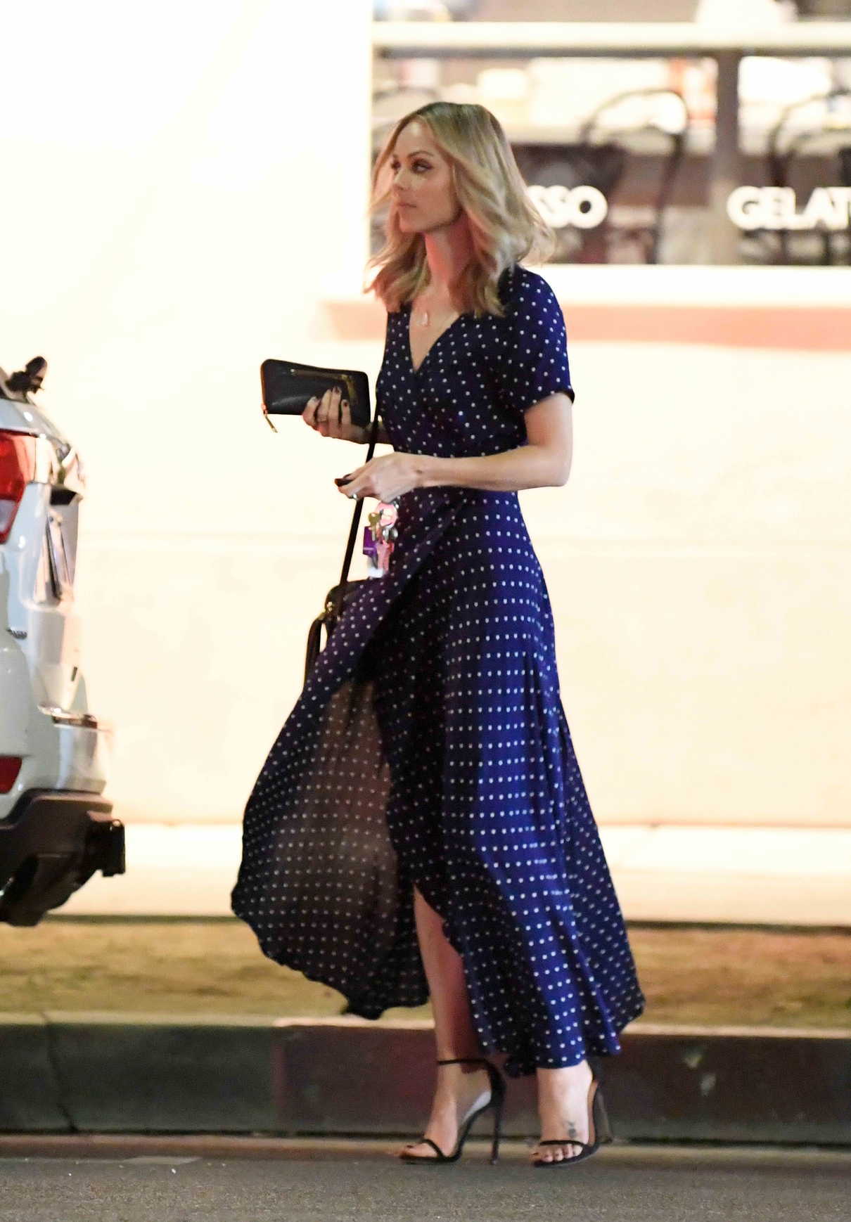 Laura Vandervoort in a Blue Polka Dot Dress