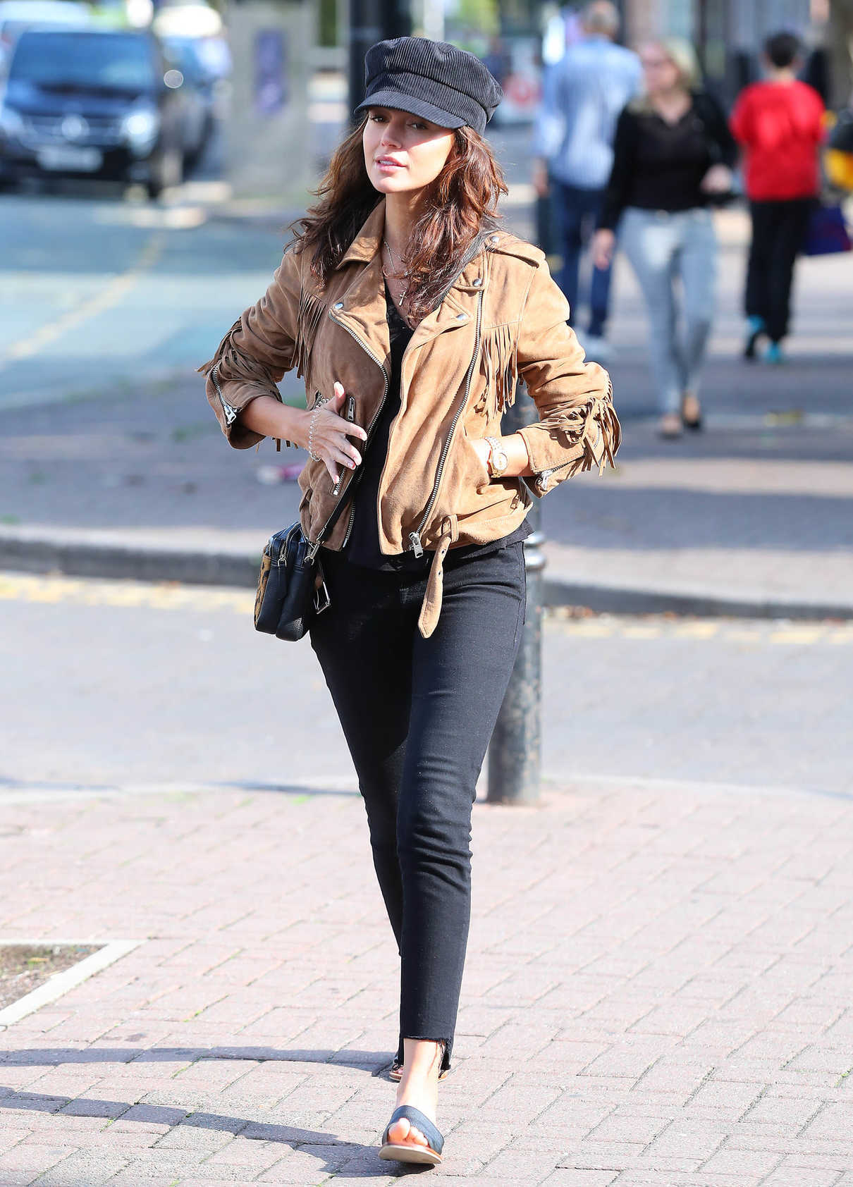 Michelle Keegan in a Beige Leather Jacket