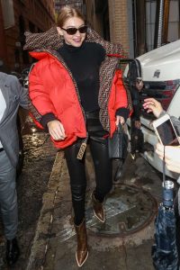 Gigi Hadid in a Red Fendi Down-Padded Coat