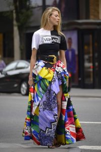 Martha Hunt in a Black and White Versace T-Shirt
