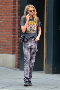 Stella Maxwell in a Plaid Trousers