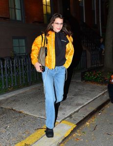Bella Hadid in a Yellow Bomber Jacket