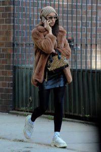 Irina Shayk in a Short Brown Fur Coat
