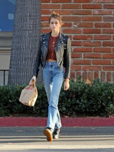 Kaia Gerber in a Black Leather Jacket