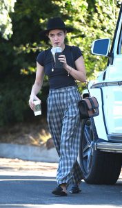Lucy Hale in a Gray Plaid Trousers