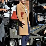 Melissa Benoist in a Beige Coat on the Set of Supergirl in Vancouver 10/10/2018