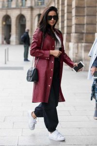 Shay Mitchell in a Long Purple Trench Coat