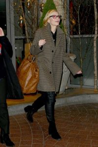 Cate Blanchett in a Light Brown Plaid Coat