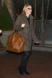 Cate Blanchett in a Light Brown Plaid Coat