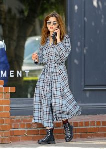 Jenna Coleman in a Gray Oversized Plaid Dress