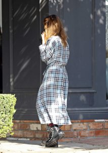 Jenna Coleman in a Gray Oversized Plaid Dress