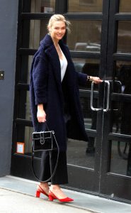 Karlie Kloss in a Dark Blue Fur Coat