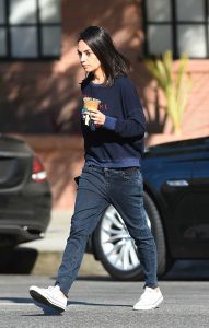 Mila Kunis in a Blue Easy Like Sunday Morning Sweatshirt