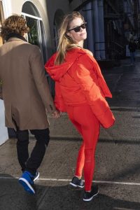 Nina Agdal in a Red Leggings