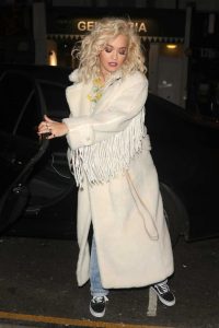 Rita Ora in a Beige Fur Coat