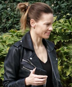 Hilary Swank in a Black Leather Jacket