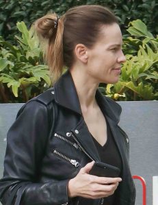 Hilary Swank in a Black Leather Jacket